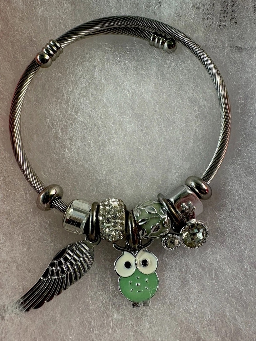 Avalaya Silver Twisted Cable Wire Owl Angel Wing Charm Bangle Bracelet